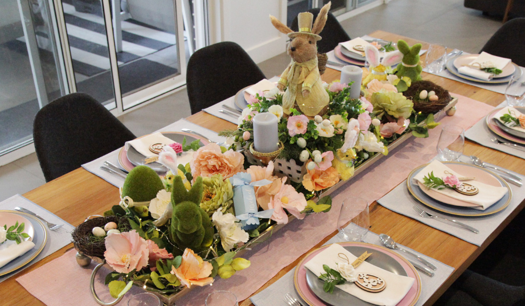Table Centrepieces with rabbit design and other florals