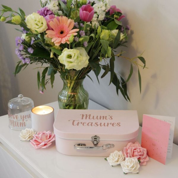 Personalised treasure box, with floral arrangement and soy candle