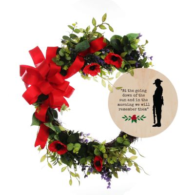 Red Poppy ANZAC Day Wreath with Plaque - We Will Remember Them