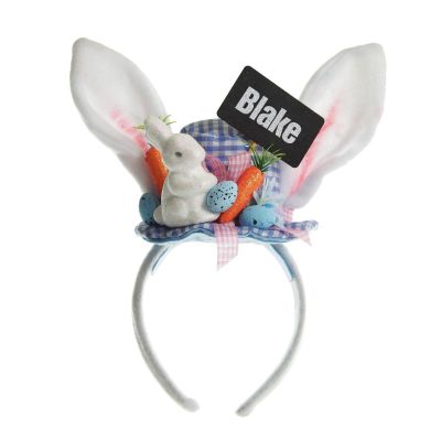 Personalised Bunny Ears Easter Blue Gingham Hat Headband