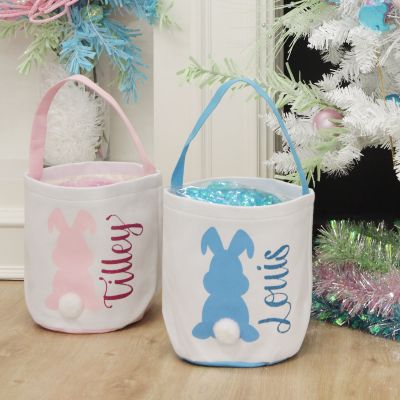 Personalised White Canvas Easter Bucket Bag with Blue Printed Bunny and Fluffy Tail