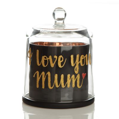 Personalised Mothers Day Black Soy Candle with Glass Cloche - Style 7 in Gold Glitter