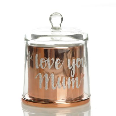 Personalised Mothers Day Rose Gold Soy Candle with Glass Cloche - Style 7 in Silver Glitter
