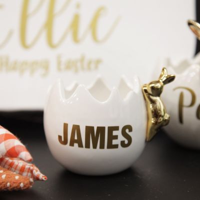 Personalised Medium Cracked Easter Egg Treat Bowl with Gold Bunny - Glitter Calligraphy