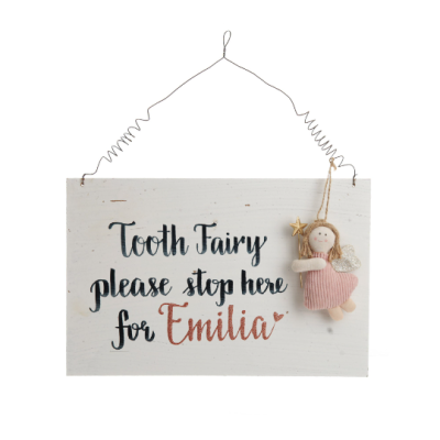 Personalised Large Tooth Fairy Stop Here Angel Room Plaque