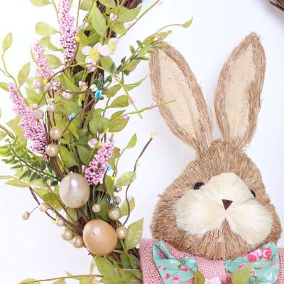 Pink Easter Bunny Head Oval Floral Wreath