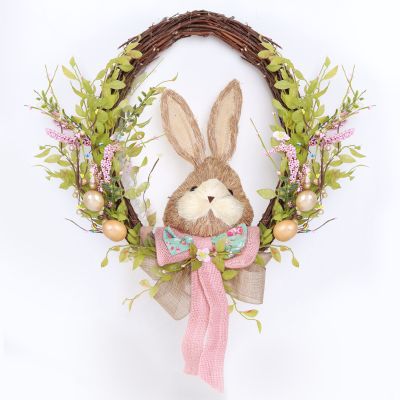 Pink Easter Bunny Head Oval Floral Wreath