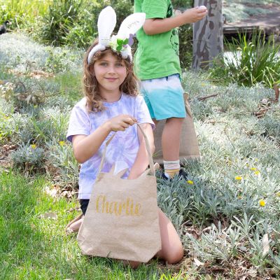 Personalised Natural Burlap Tote Bag with White Bunny Ears - Style 7 in Gold Glitter