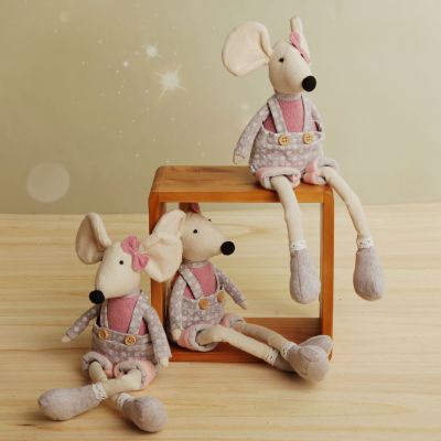 Fabric Mouse Shelf Sitter in Pink and Grey Overalls