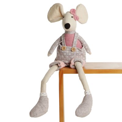 Fabric Mouse Shelf Sitter in Pink and Grey Overalls