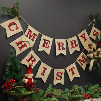 Burlap Bunting with Red and Black Plaid Merry Christmas