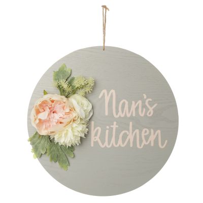 Personalised Floral Kitchen Round Grey Wood Plaque