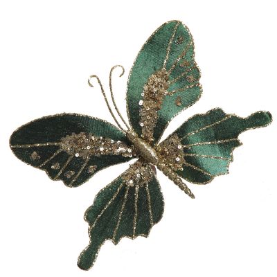 Green Velour and Glitter Butterfly Clip