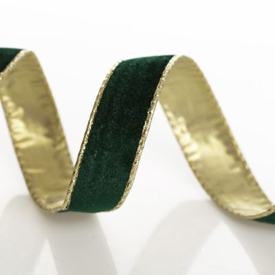 Green Velvet Gold Trim Wired Ribbon - 2.5cm
