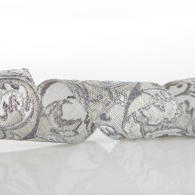 Grey Linen with Silver Glitter Floral Pattern Ribbon