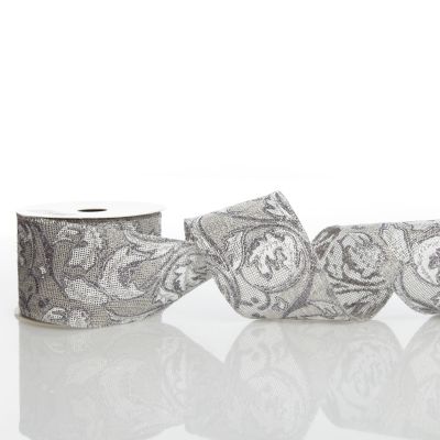 Grey Linen with Silver Glitter Floral Pattern Ribbon