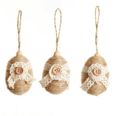 Jute String Egg Decorations with Lace motif - Set of 3