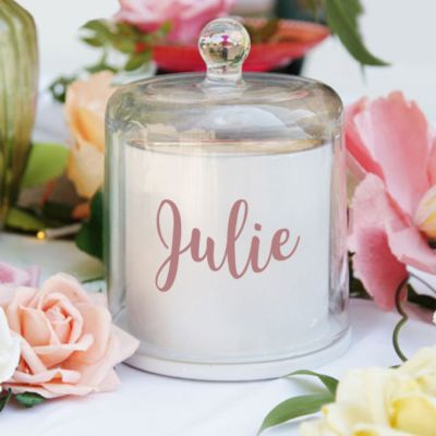 Personalised White Soy Candle with Glass Cloche - Style 1 in Lilac