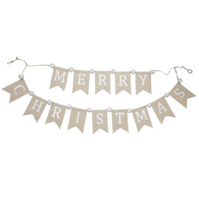 Natural Linen and White Merry Christmas Bunting with Pom Poms