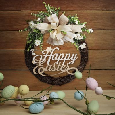Natural Springtime Happy Easter Wreath with Ribbon