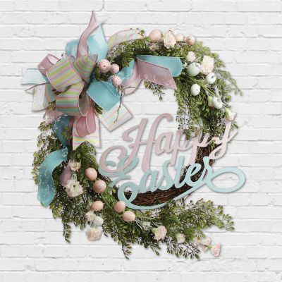 Pastel Springtime Happy Easter Wreath with Ribbon