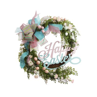 Pastel Springtime Happy Easter Wreath with Ribbon
