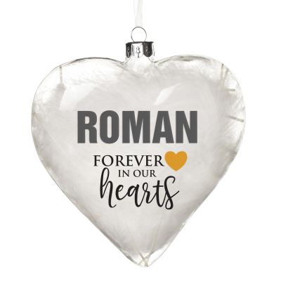 Personalised White Feather Glass Heart - Forever in Our Hearts