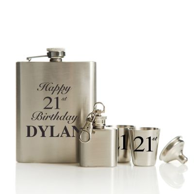 Personalised 21st Birthday Hip Flask Set Black Gift Box