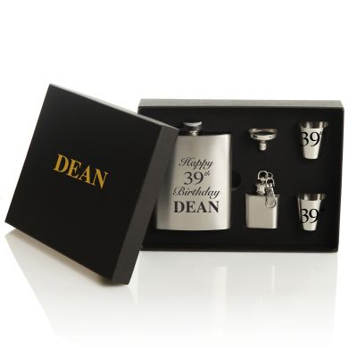 Personalised Any Age Birthday Hip Flask Set Black Gift Box