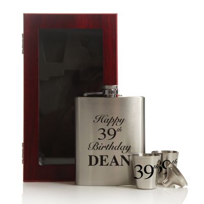 Personalised Any Age Birthday Hip Flask Set Wooden Gift Box
