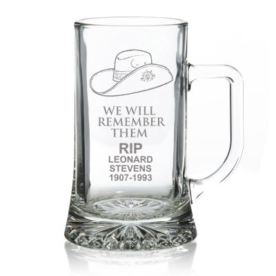 ANZAC Tribute Memorial Slouch Hat Engraved Tankard Glass Stein