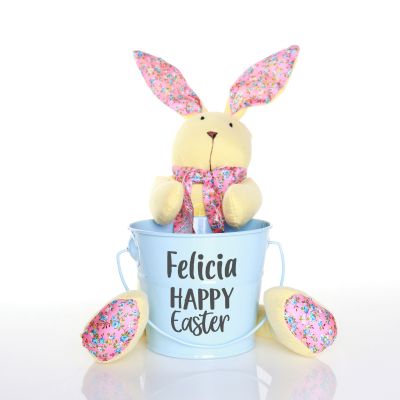 Personalised Blue Happy Easter Bucket with Yellow Calico Bunny Gift Pack