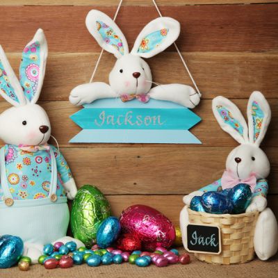 Personalised Blue Easter Plaque with Plush Bunny