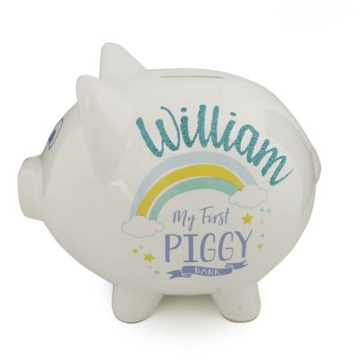 Personalised Blue Rainbow My First Piggy Bank