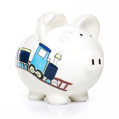 Personalised Blue Train Piggy Bank