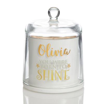 Personalised Born to Shine White Soy Candle with Glass Cloche
