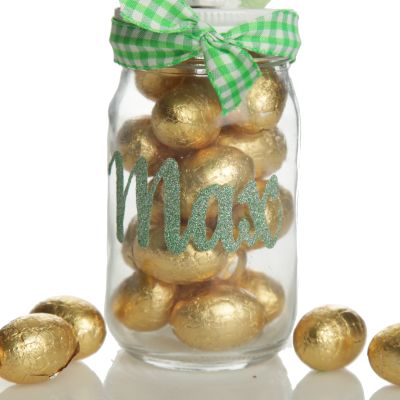 Personalised Bunny with Mint Easter Egg on Chocolate Lolly Treat Jar - Green Gingham Ribbon