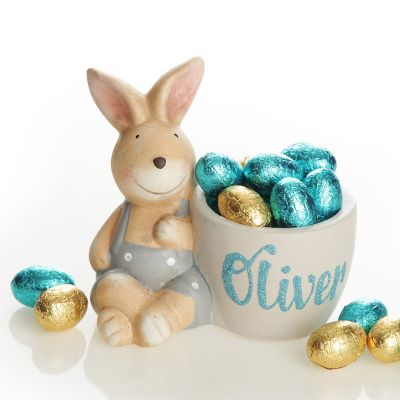 Personalised Ceramic Blue Easter Bunny with Pot