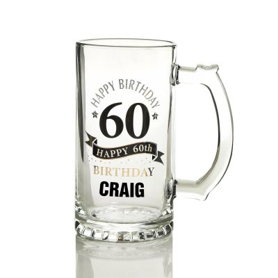 Personalised Classic 60th Happy Birthday Tankard Glass Stein