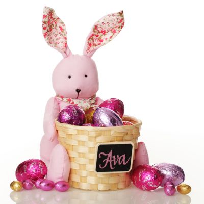 Personalised Woven Easter Basket with Pink Calico Bunny