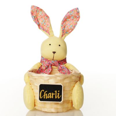Personalised Woven Easter Basket with Yellow Calico Bunny