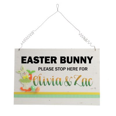Personalised Green and Yellow Easter Bunny Please Stop Here Easter Plaque