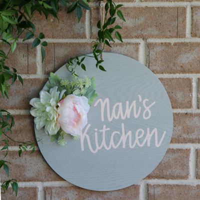 Personalised Floral Kitchen Round Grey Wood Plaque