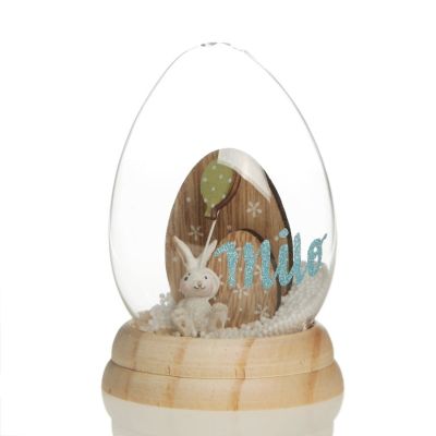 Personalised Glass Easter Egg Cloche with Bunny Inside and Wood Base