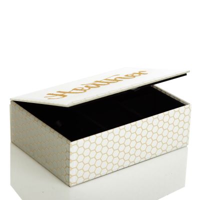 Personalised White Glass Jewellery Box with Gold Honeycomb Pattern