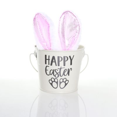 Personalised Grey Happy Easter Bucket with Pink Bunny Ears