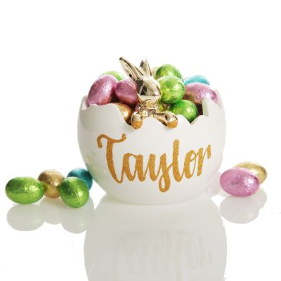 Personalised Large Cracked Easter Egg Treat Bowl with Gold Bunny Inside
