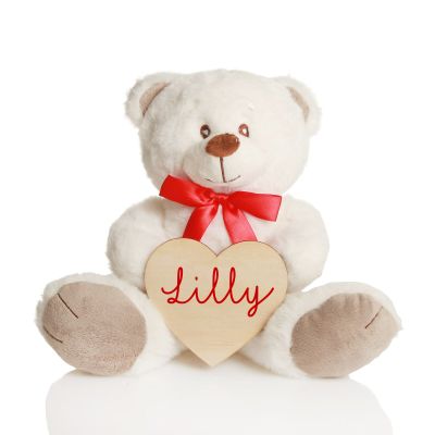 Personalised Loveable White Bear with Timber Heart - Red Ribbon - Style 5