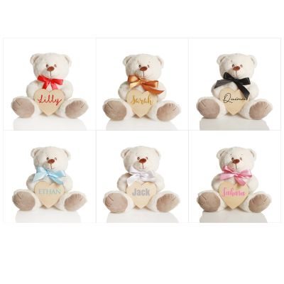 Personalised Loveable White Bear with Timber Heart - Red Ribbon - Style 5