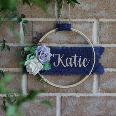 Personalised Midnight Blue Small Floral Embroidery Hoop Wreath